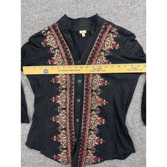 Reba Blouse Women's Small Black Multi Lace Trim Button Up 3/4 Roll Tab Sleeve - Picture 3 of 8